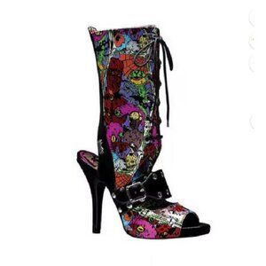Demonia Multicolor Comic Print Lace-Up Heeled Boots